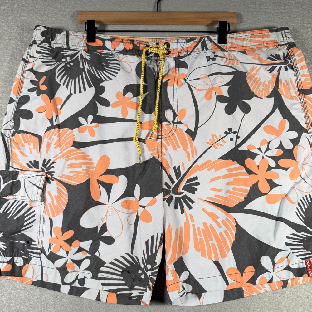 Tommy Bahama Relax Mens XXL Orange Grey White Tropical Hibiscus‎ Swim Trunks 9in